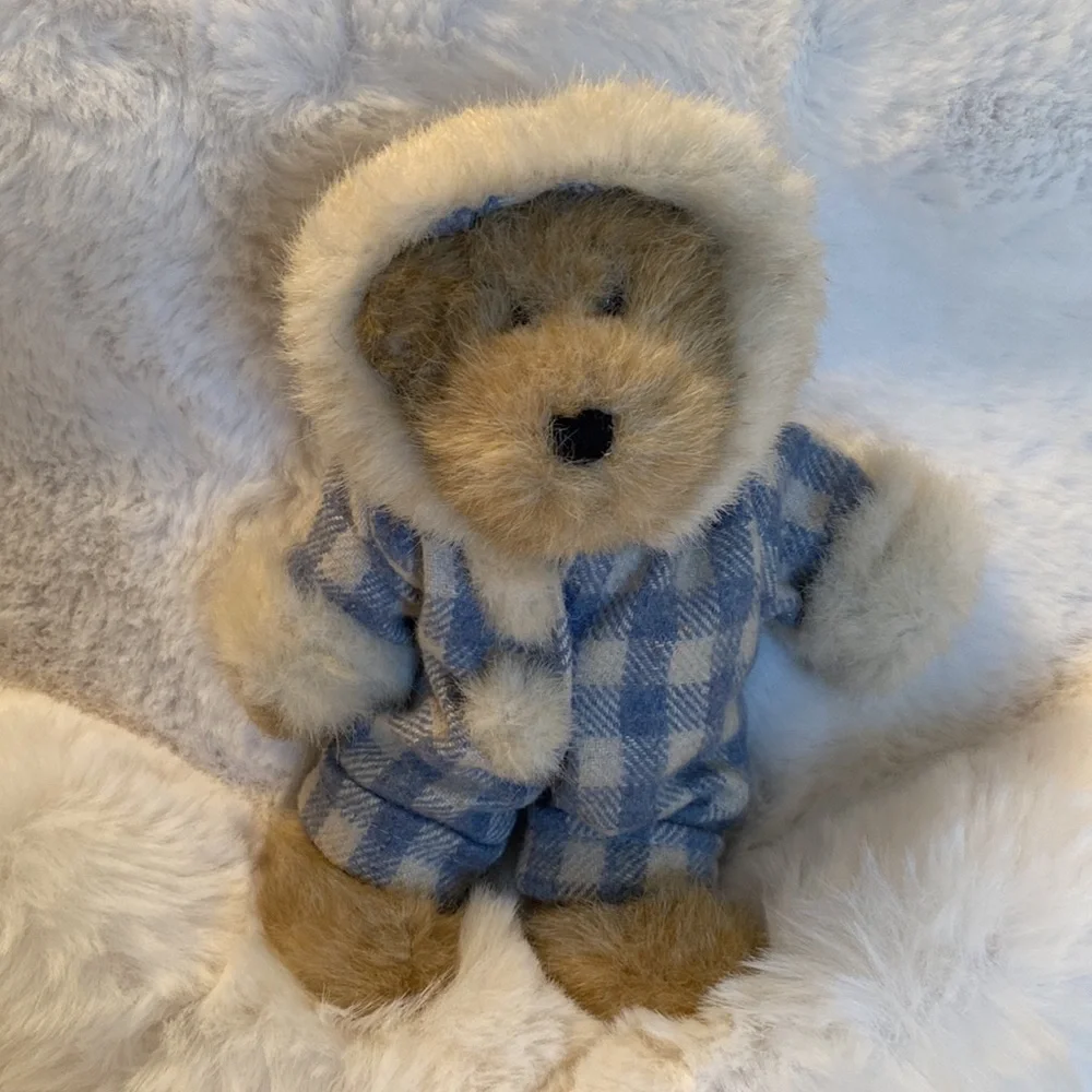 Boyds Bear Plush Jointed Lgt. Brown Fur Trim Hooded Checked Snowsuit #13644(CN)